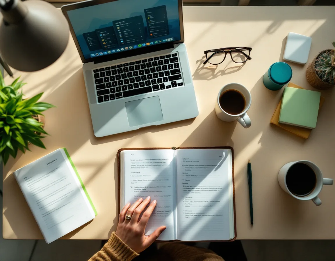 A localization editor’s desk with app screens, a marked-up glossary and afternoon light