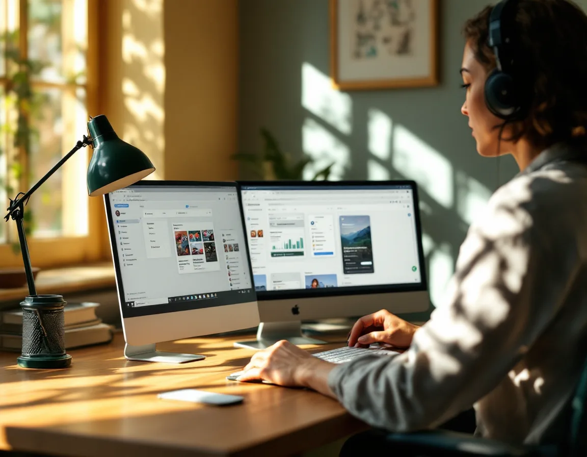 A localization editor reviewing app screens in multiple languages at a sunlit desk
